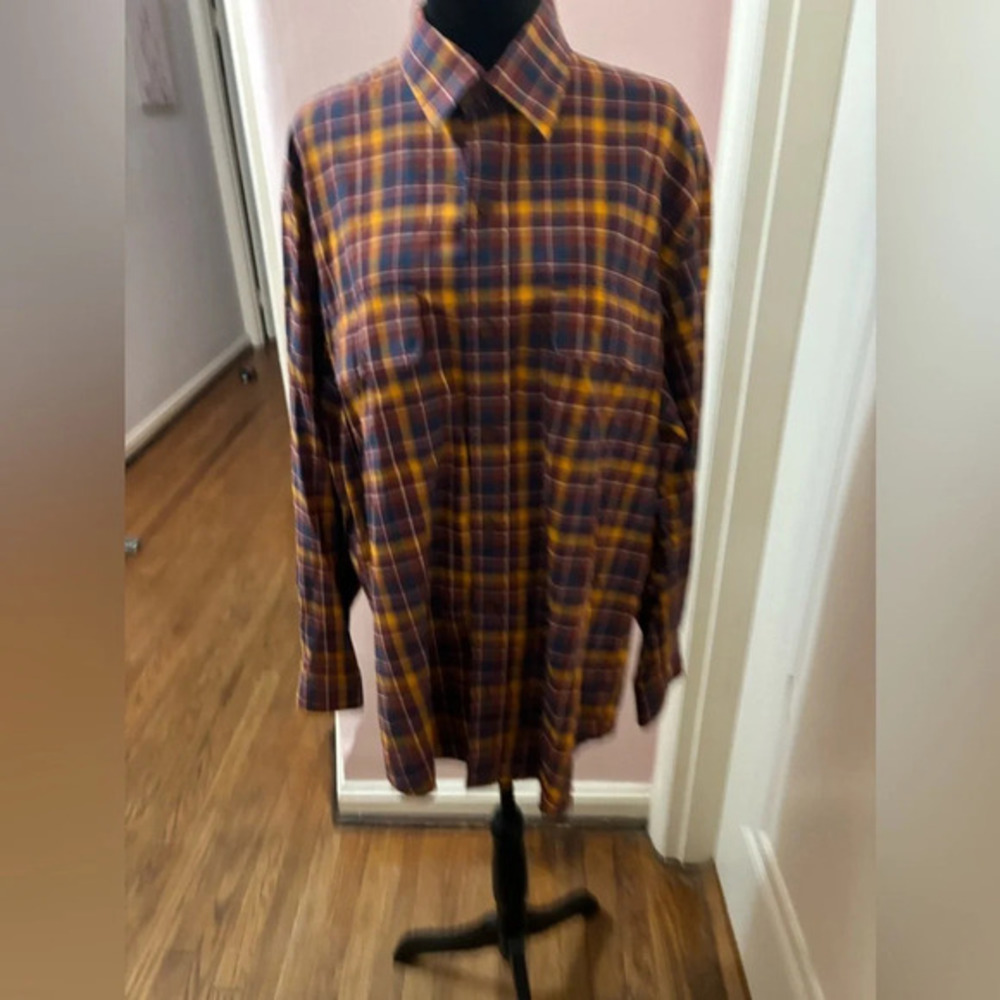 Orvis Shirt Long Sleeve Button Up Plaid Burgundy Navy Orange Mens Large